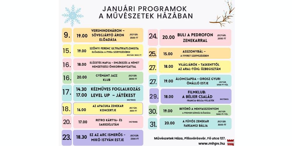 Januári programok  a Művészetek Házában