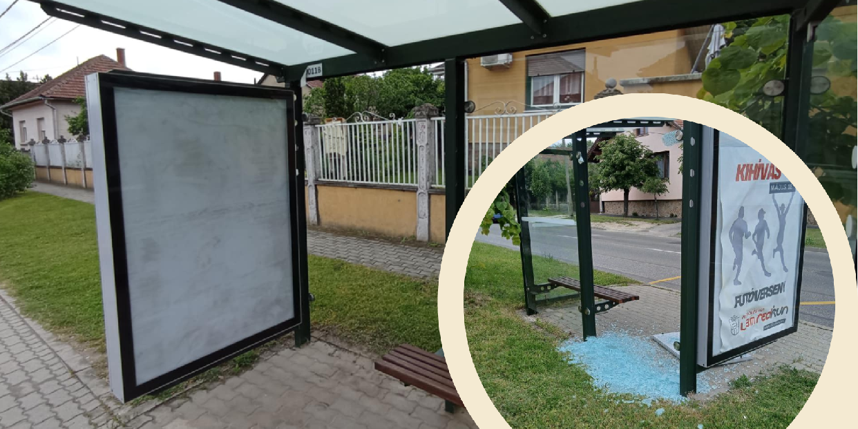 Kitörött az Eperjesi utca buszmegálló üvege a Szabadság utcában